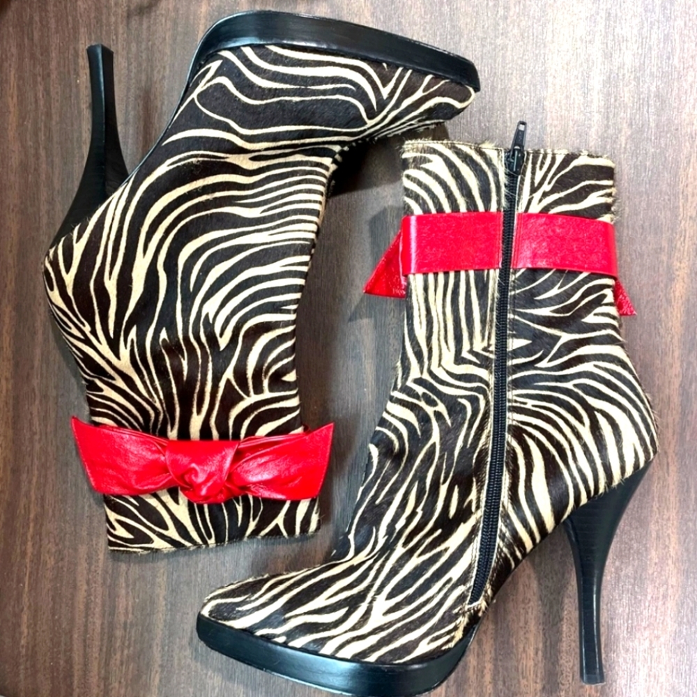 Hale Bob Cowhide Leather Zebra Red Bow Stiletto High Heel Mid Calf Boots 8.5